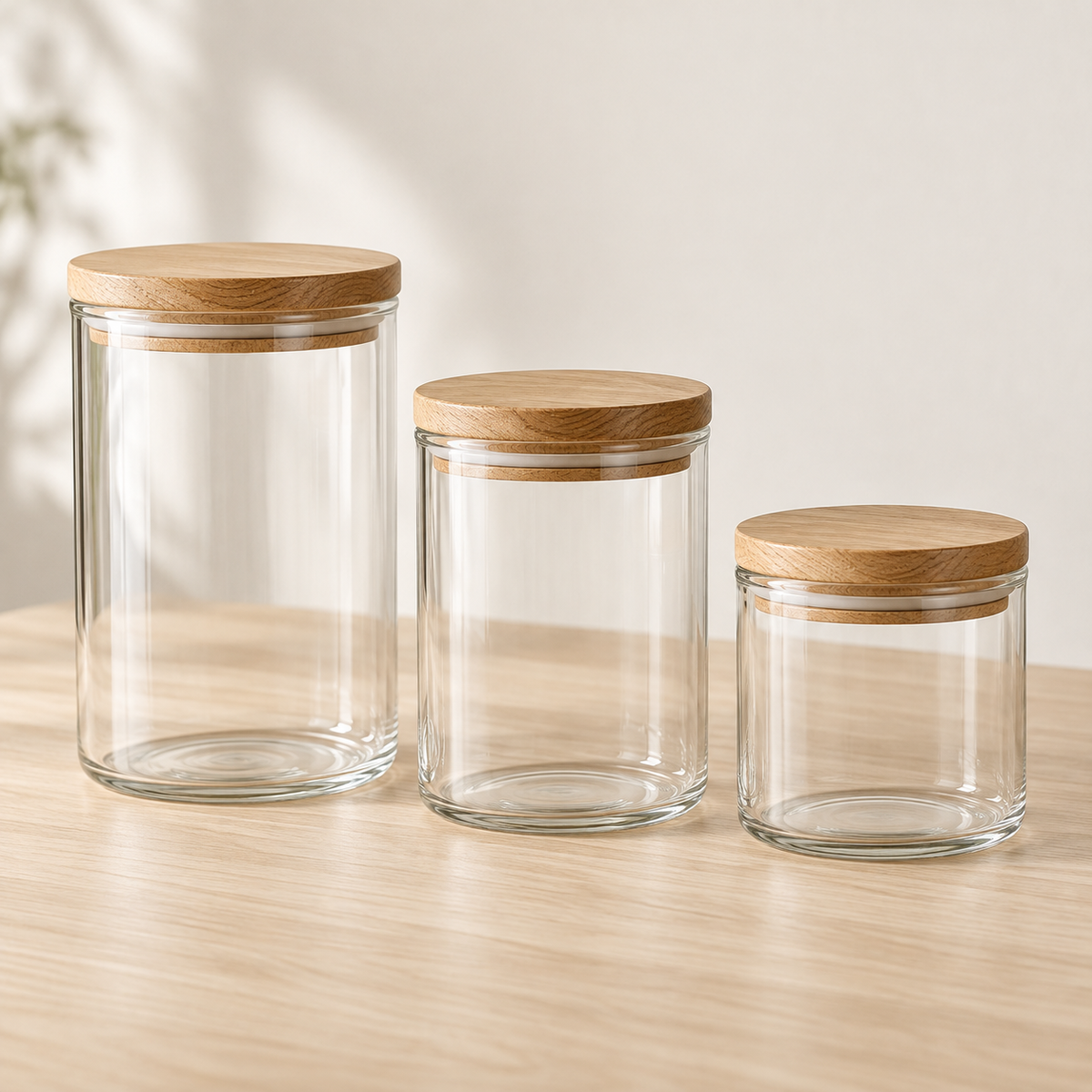 Set di tre barattoli in vetro con coperchi in legno